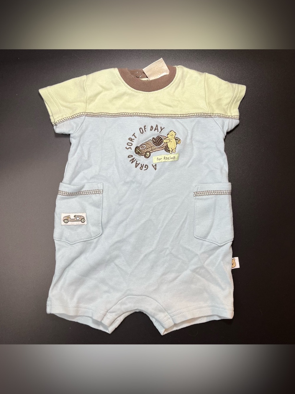 Disney Classic Winnie The Pooh Romper Racing Newborn Blue Yellow Y2k Embroiderd